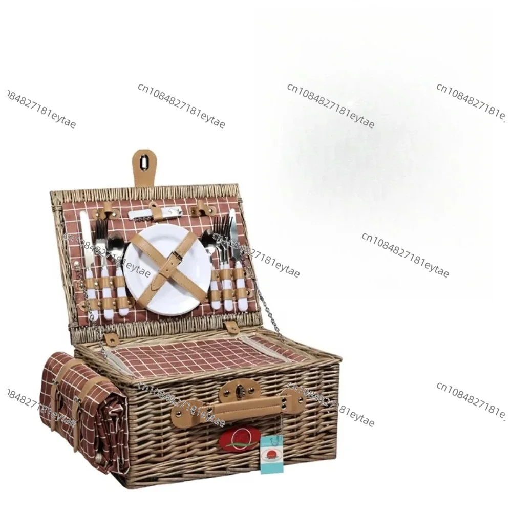 Handmade Wicker Picnic Cooler Basket Set with 4 Covers Outdoor Storage