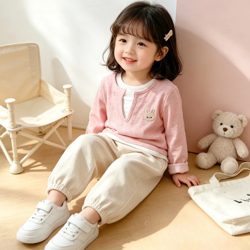 Autumn and Winter Girls' Base Shirt, Cartoon Girl, Kids' Casual Faux Two-piece Long-sleeve Top for Wearing Outside