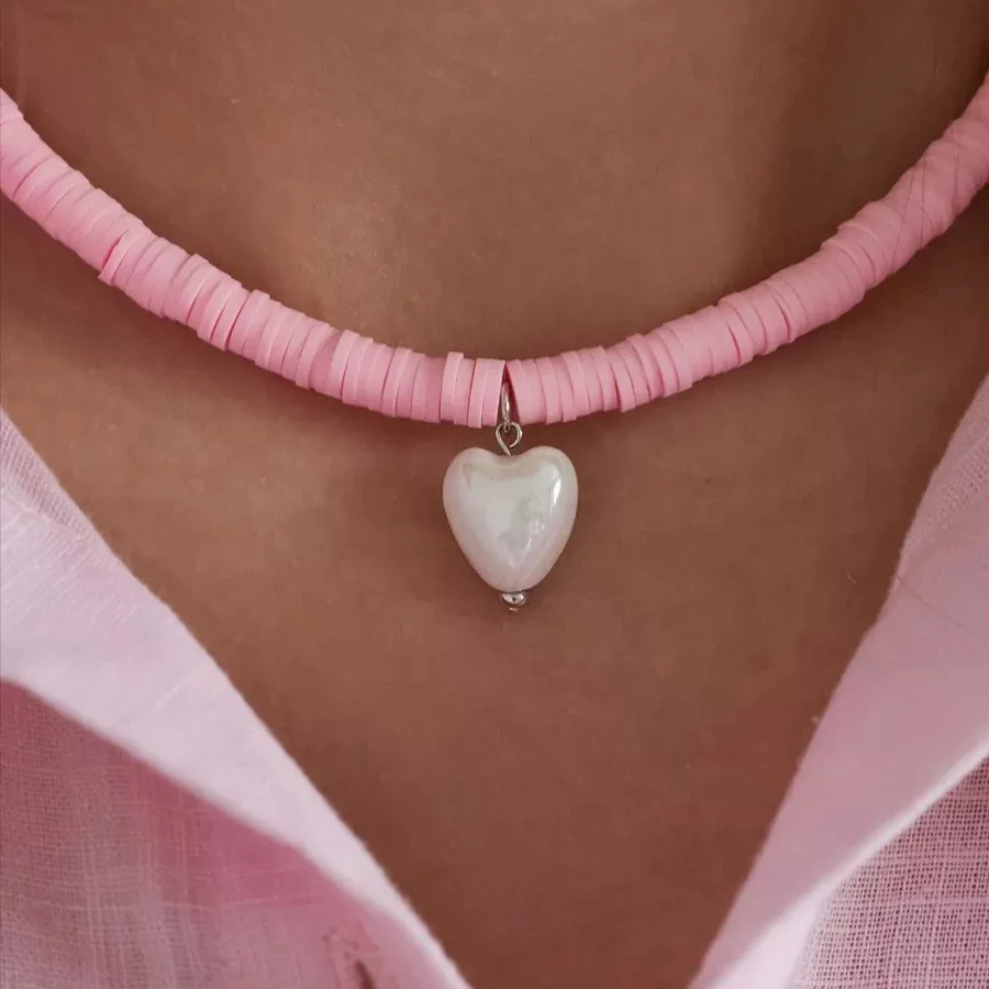 جديد شخصية الإبداع الأبيض السيراميك الحب القلب قلادة قلادة بوهو 6 مللي متر الوردي لينة الفخار المختنق الإناث مجوهرات الزفاف #4