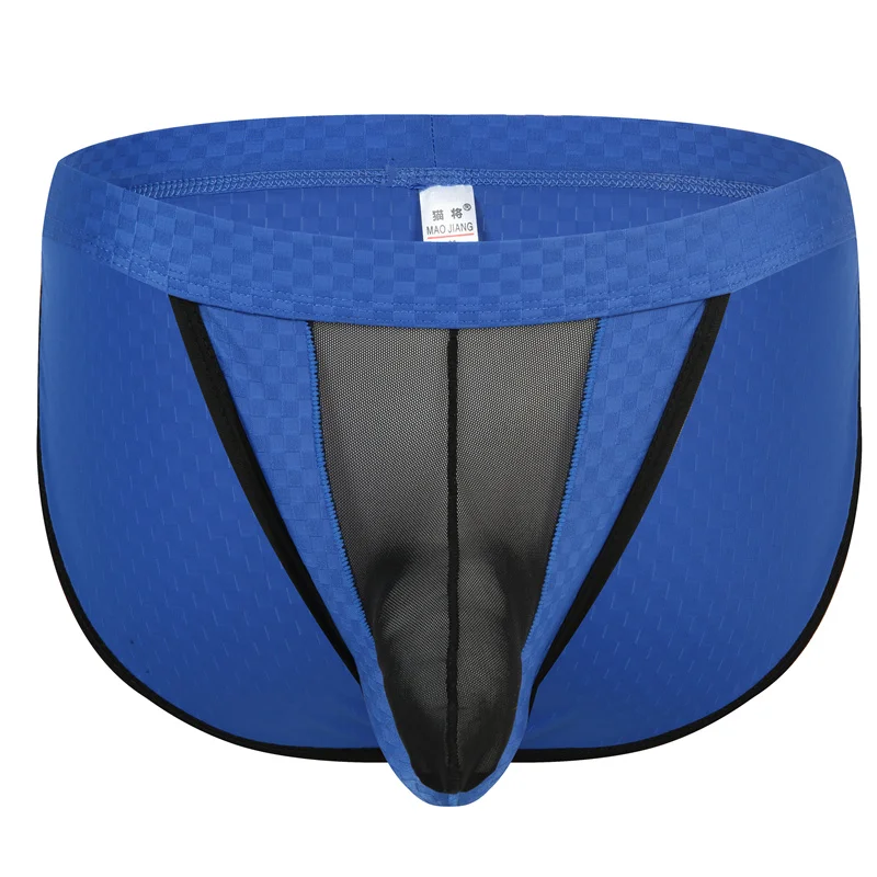 

Men's Underwear Sexy Plaid Nylon Cool Silk Slip Mesh Transparent Bag Briefs Low Waist Breathable Underpants
