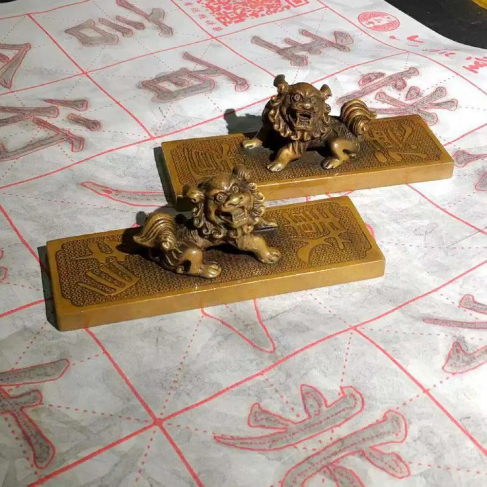 Chinese Old Pure Brass Lion Paperweight Set Pair Calligraphy Desk Accessory Ancient Style Scholar Studio Decor Gift
