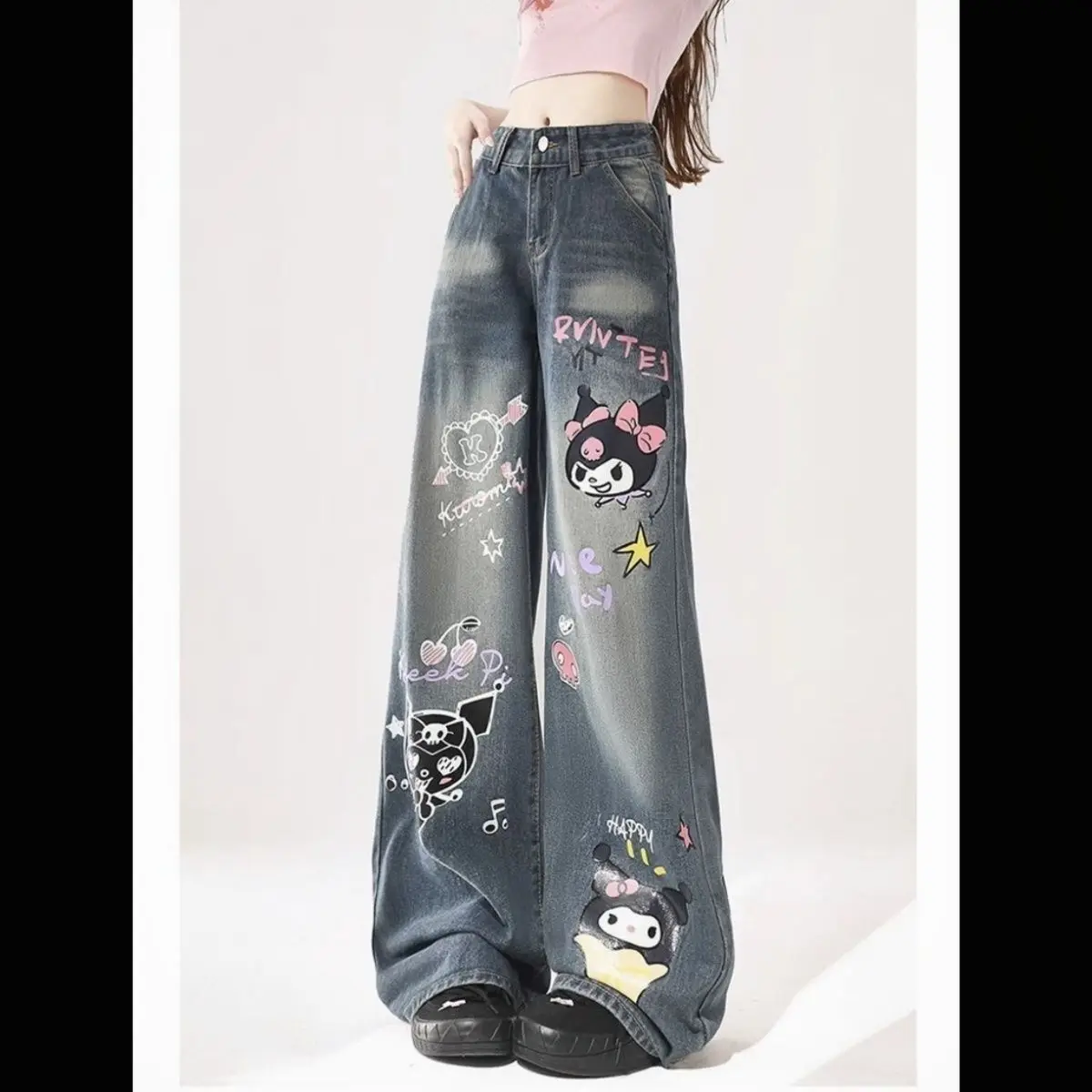 

Sanrio Kuromi Denim Pants Y2K Kawaii Cartoon Spring Baggy Jeans Pants Versatile Wide Leg Pants Casual Fashion Fashion Sweatpants