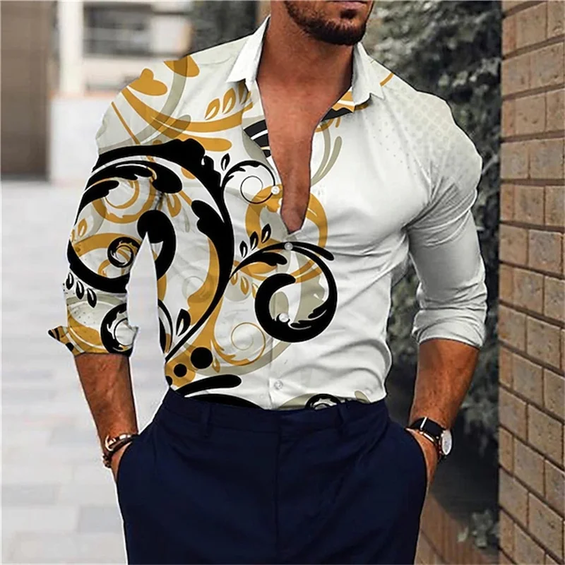 Beach Vacation Style 3D Printed Men\'s Fashion Long Sleeve Button Shirt, Suitable for Spring and Autumn, Men\'s Creative Casual Gi