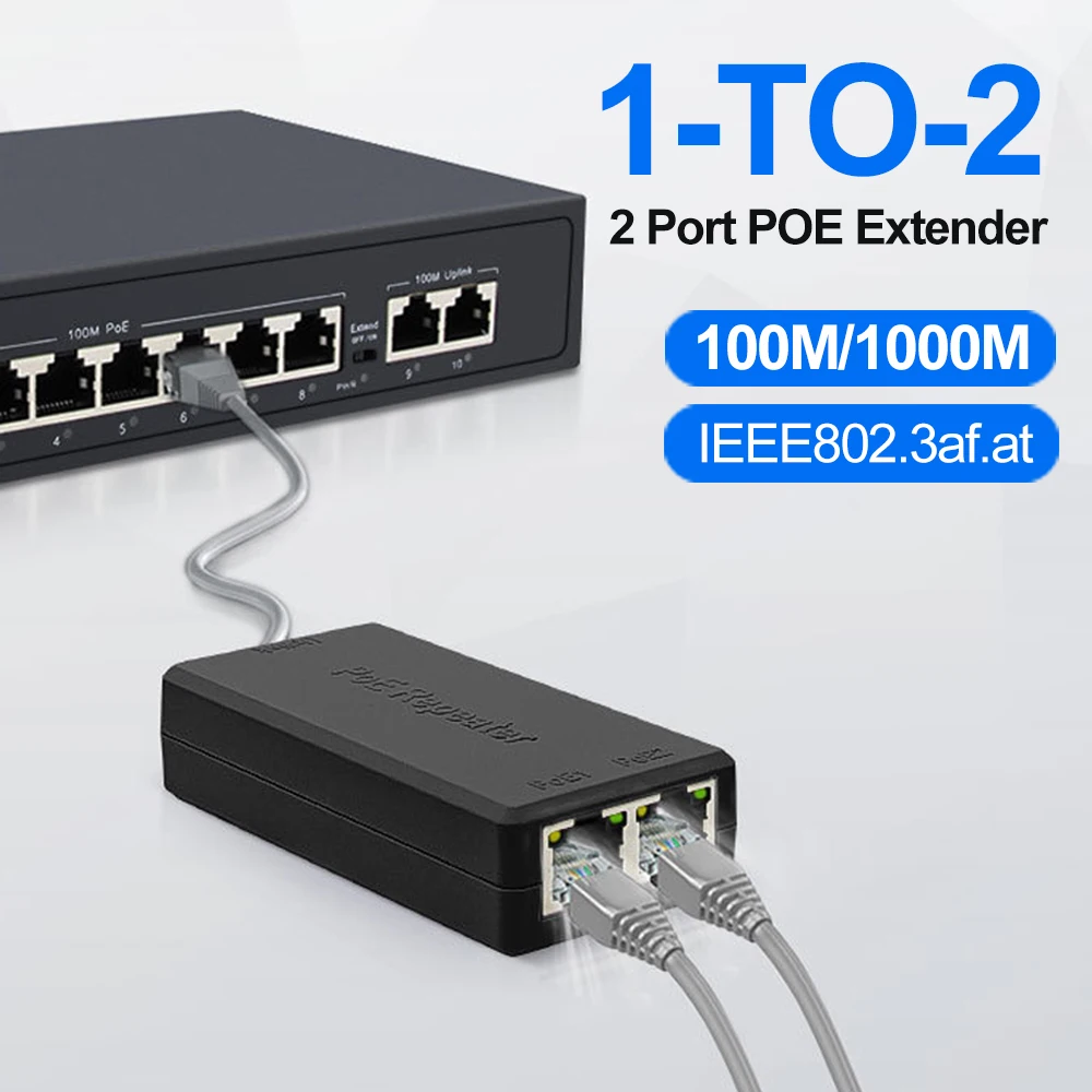 2 Port POE Repeater 100/1000Mbps 1 To 2 PoE Extender Support For IEEE802.3af/at Outdoor For POE Switch Camera Extend 100 meters