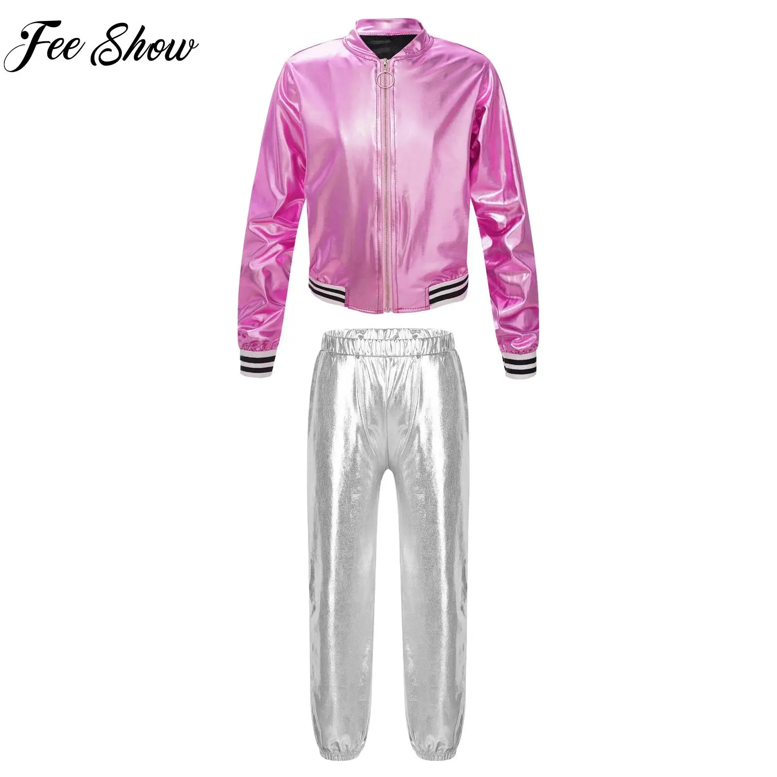 

Kids Girls Metallic Shiny Long Sleeve Zipper Jacket Bomber Coat with Pants Suit for Sports Workout Jazz Dance Ballet Costume