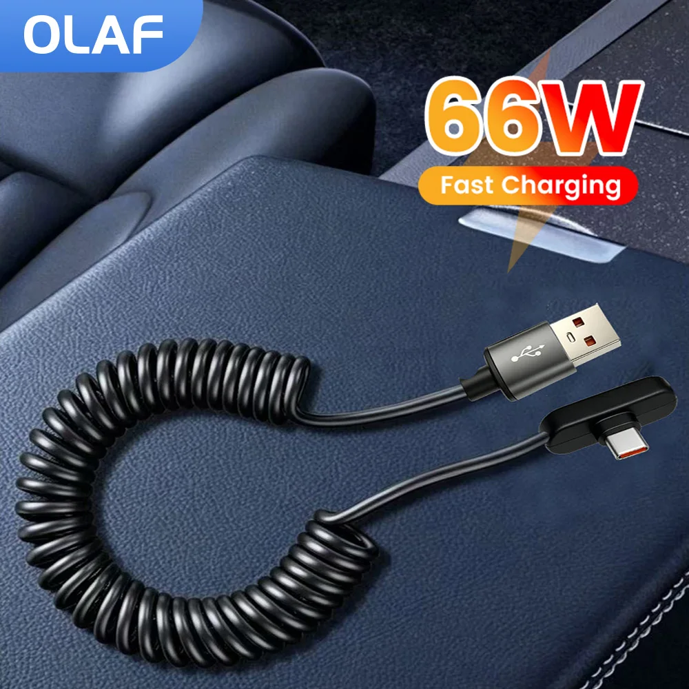 66W Car Spring Data Cable Retractable Elbow Type C High Power Fast Charging Data Transfer USB Type C Cable