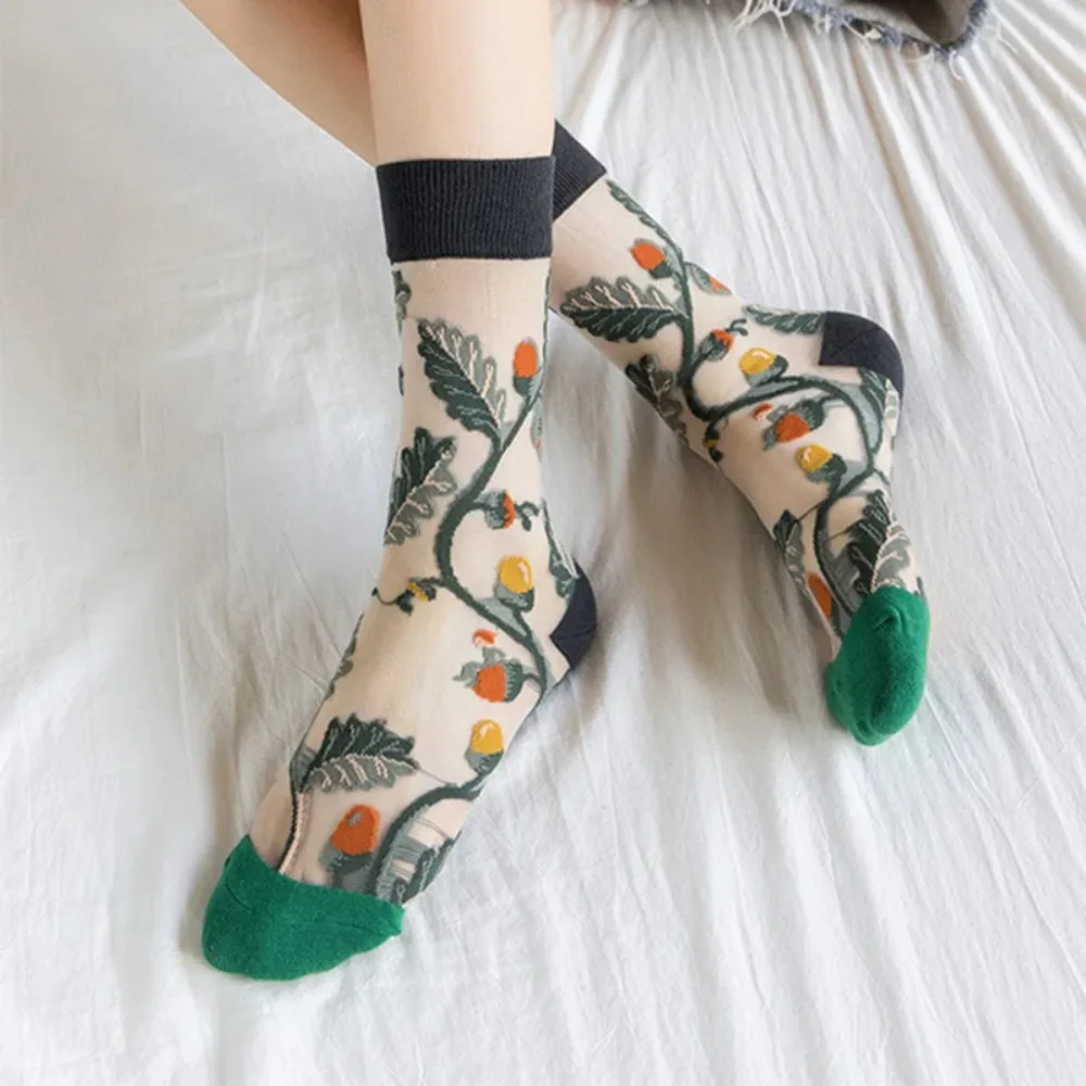 Women Socks Summer Floral Vine Embroidery Ultra-thin Transparent Crystal Silk Socks Harajuku Vintage Elastic Nylon Long Socks
