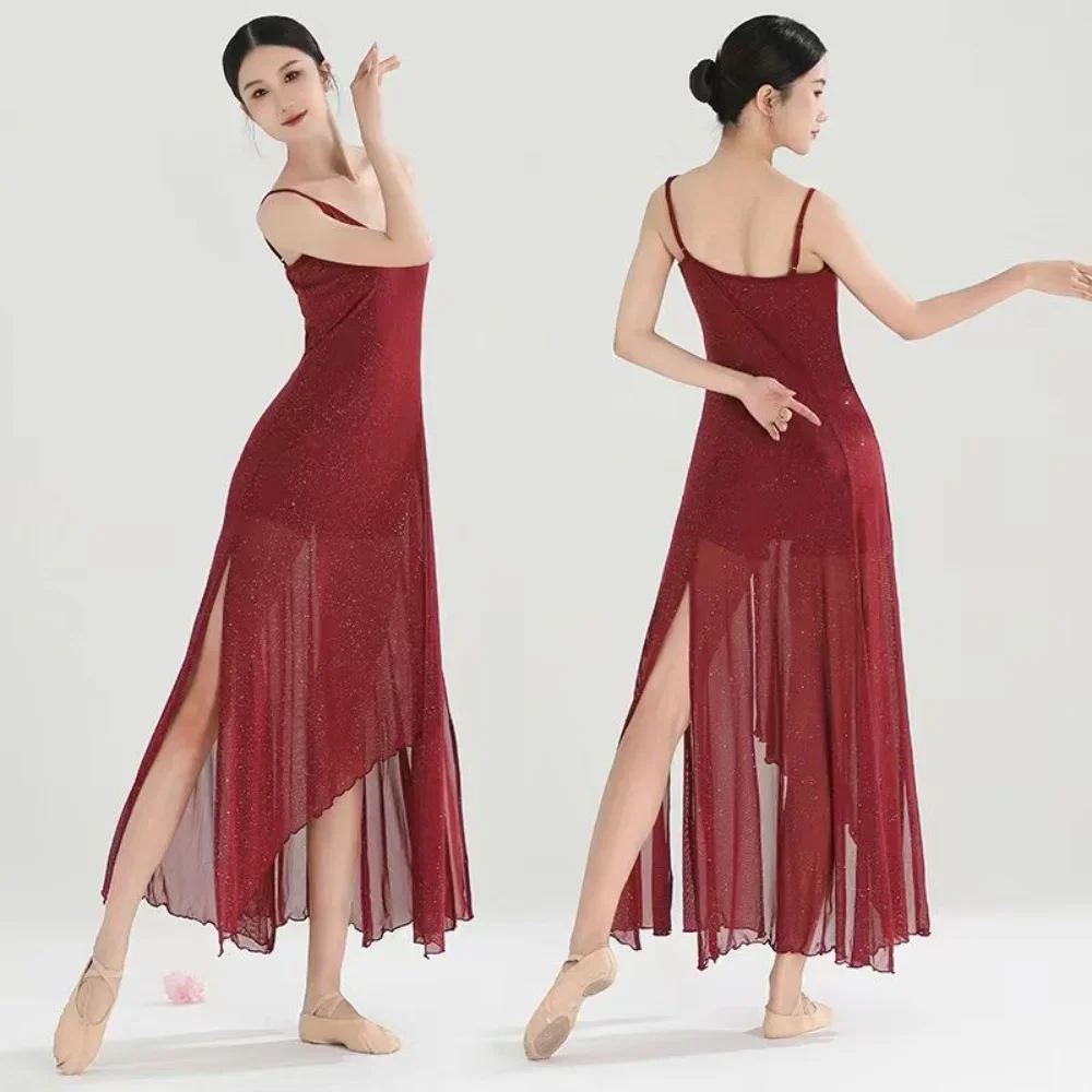 

Modern Ballet Classical Dancer Practice Dress Wine Red Sparkling Strap Elastic Vestidos Evangélicos Para Mulher Dance Dresses
