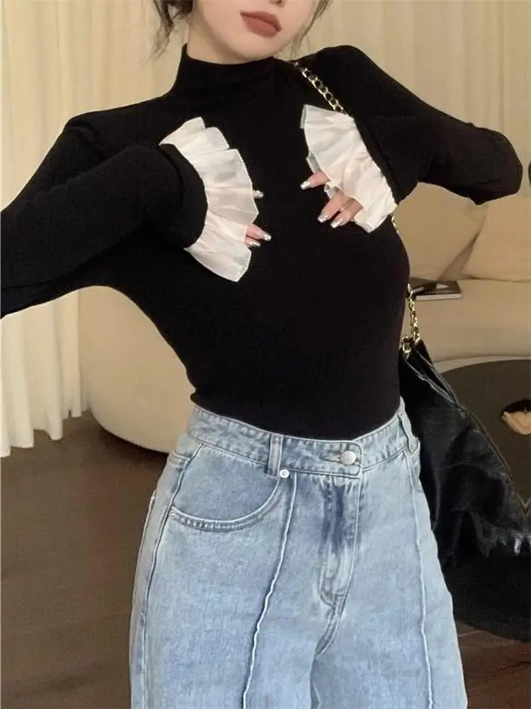 Koreaanse coltrui met lange mouwen Basic T-shirt voor dames Herfst en winter Slanke zwarte warme top Mode magere elegante dame T-shirt