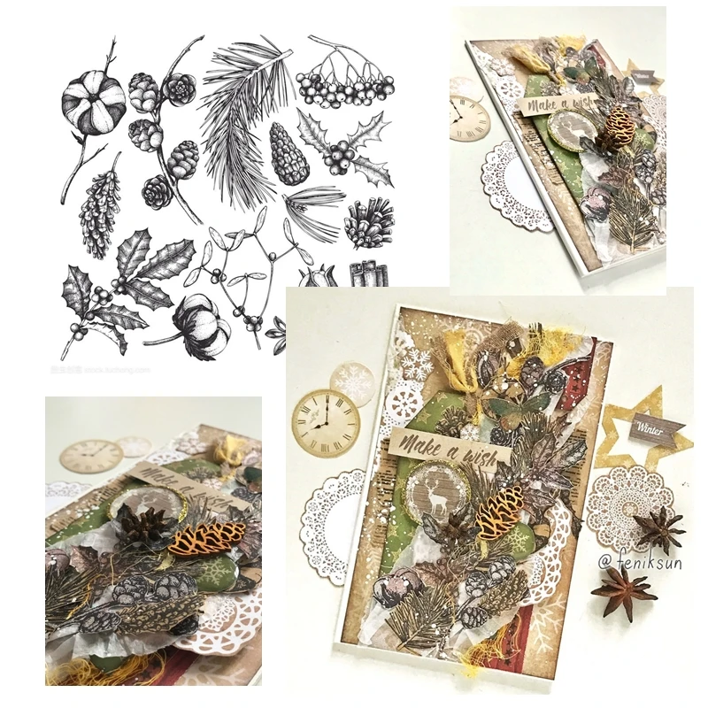 

New 2025 Make Christmas Leaf Pine Cone Cotton Holly Scrapbooking Background Clear Stamps Frame Card Craft No Cutting Die