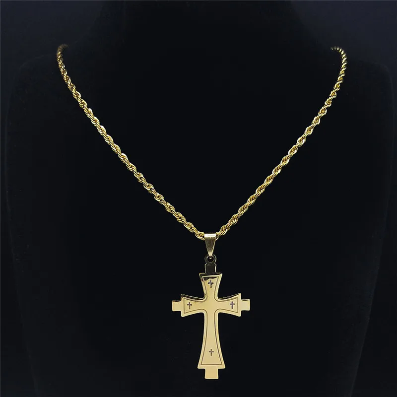 Europe and America Male Crucifix Long Necklace UNISEX Stainless Steel Gold Color Christian Casual Daily Wear Biker Jewelry