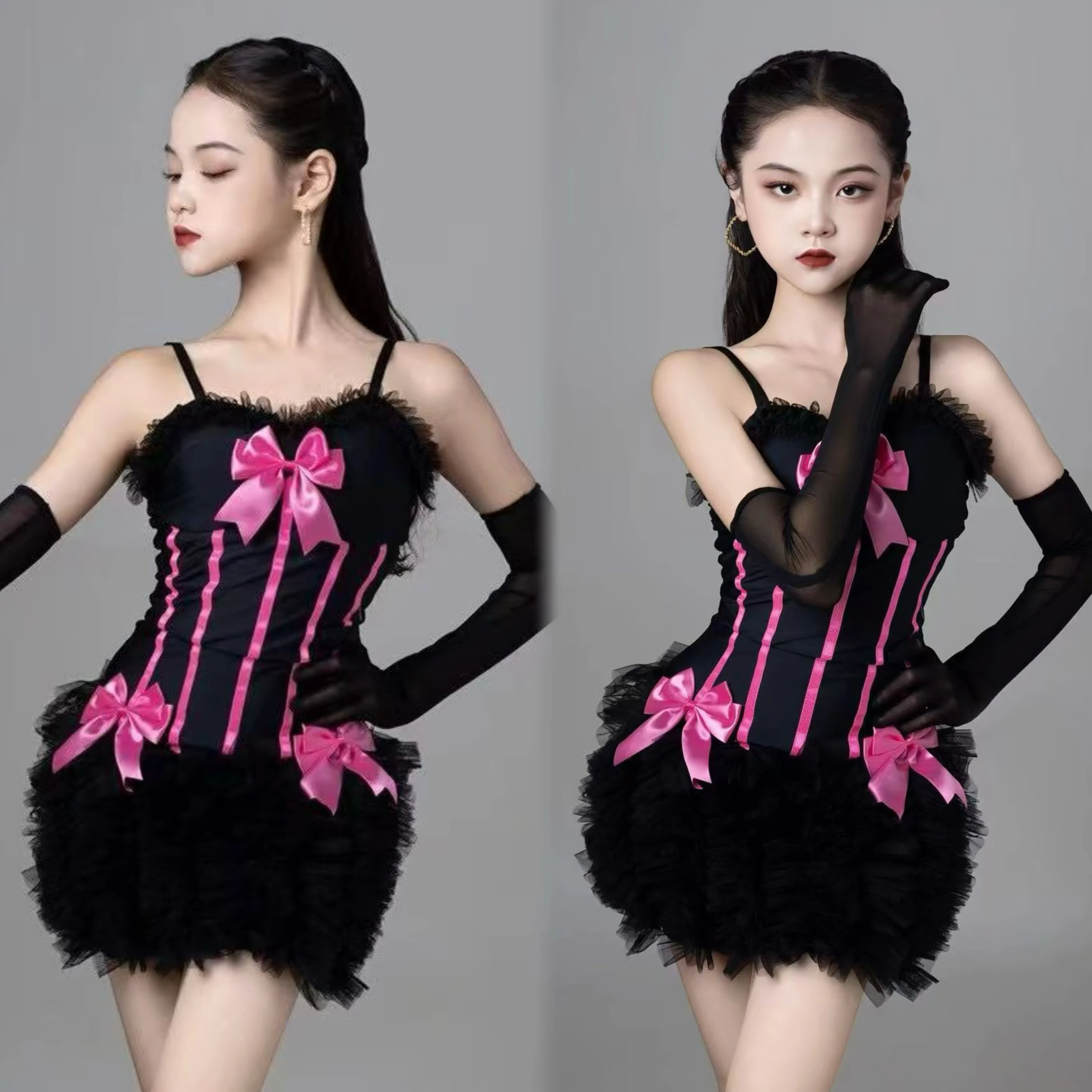 

2025 New Kids Latin Dance Costume Pink Bow Black Competition Dress Gloves Sets Girls Cha Cha Dance Performance Clothes DNV23786