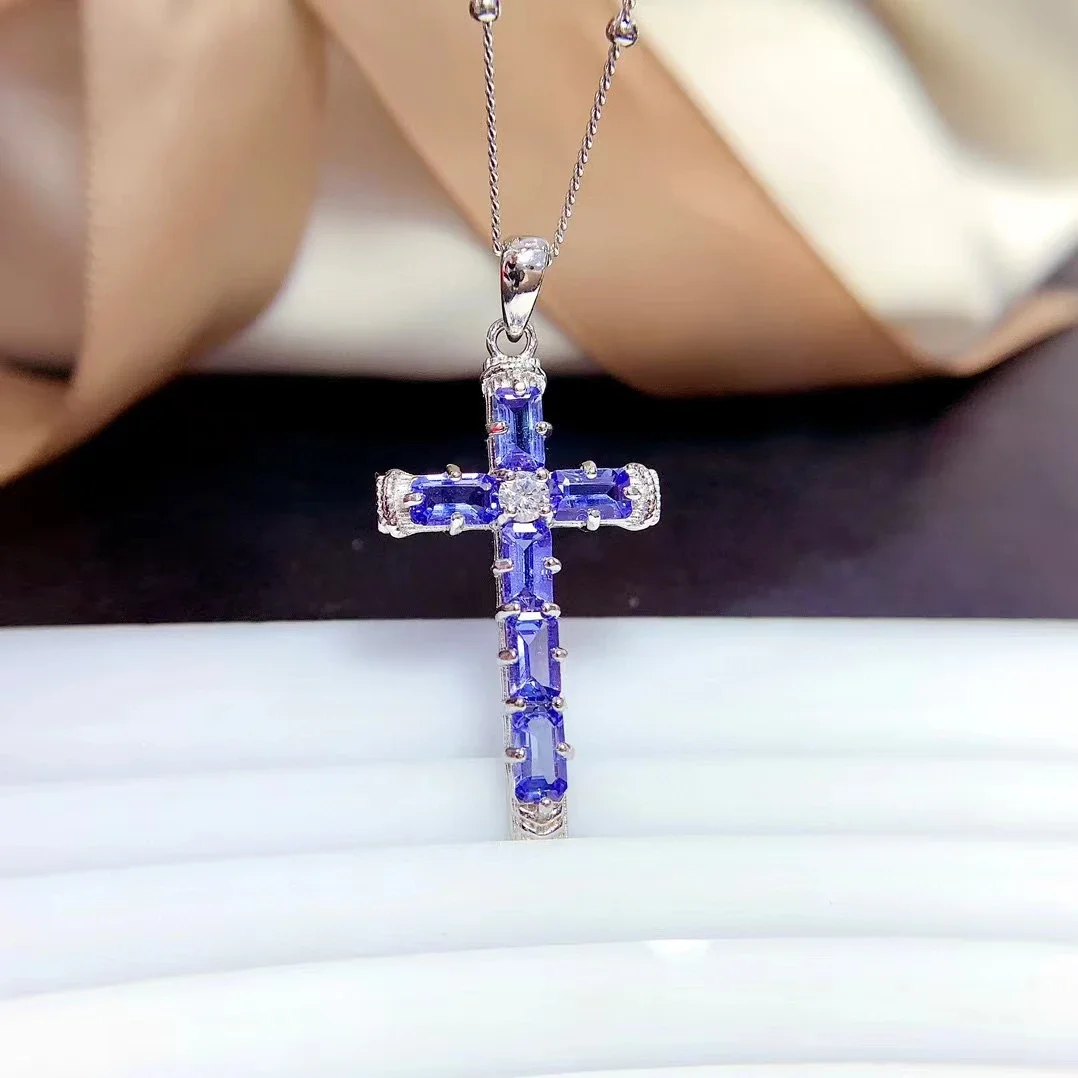 

Classic 925 Silver Cross Pendant for Daily Wear 6 Pieces 3mm*5mm Natural Tanznaite Pendant with 3 Layers 18K Gold Plating