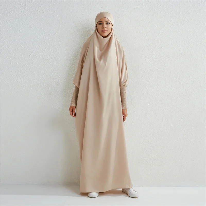 JINIA Gebetskleid mit Kapuze: Muslimisches Kleid mit gesmokten Ärmeln, islamisches Bescheidenheitskleid, Dubai, Saudi-Arabien, schwarze Robe