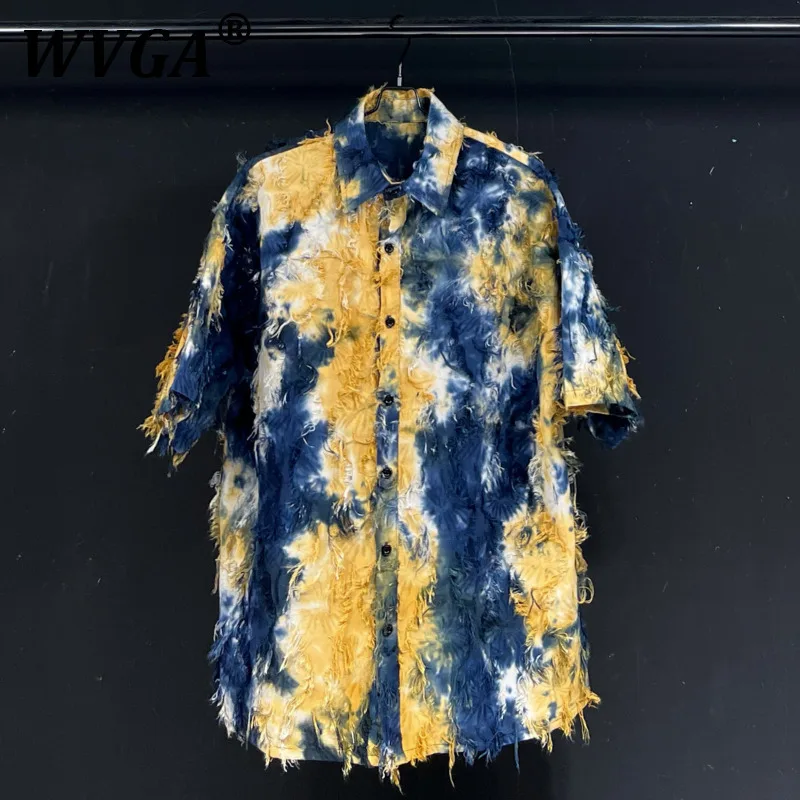 

WVGA Весна Лето Новые мужские рубашки Tide High Street Tie-Dye с кисточками Модные рубашки с короткими рукавами Нишевая шикарная повседневная рубашка Ins W9544