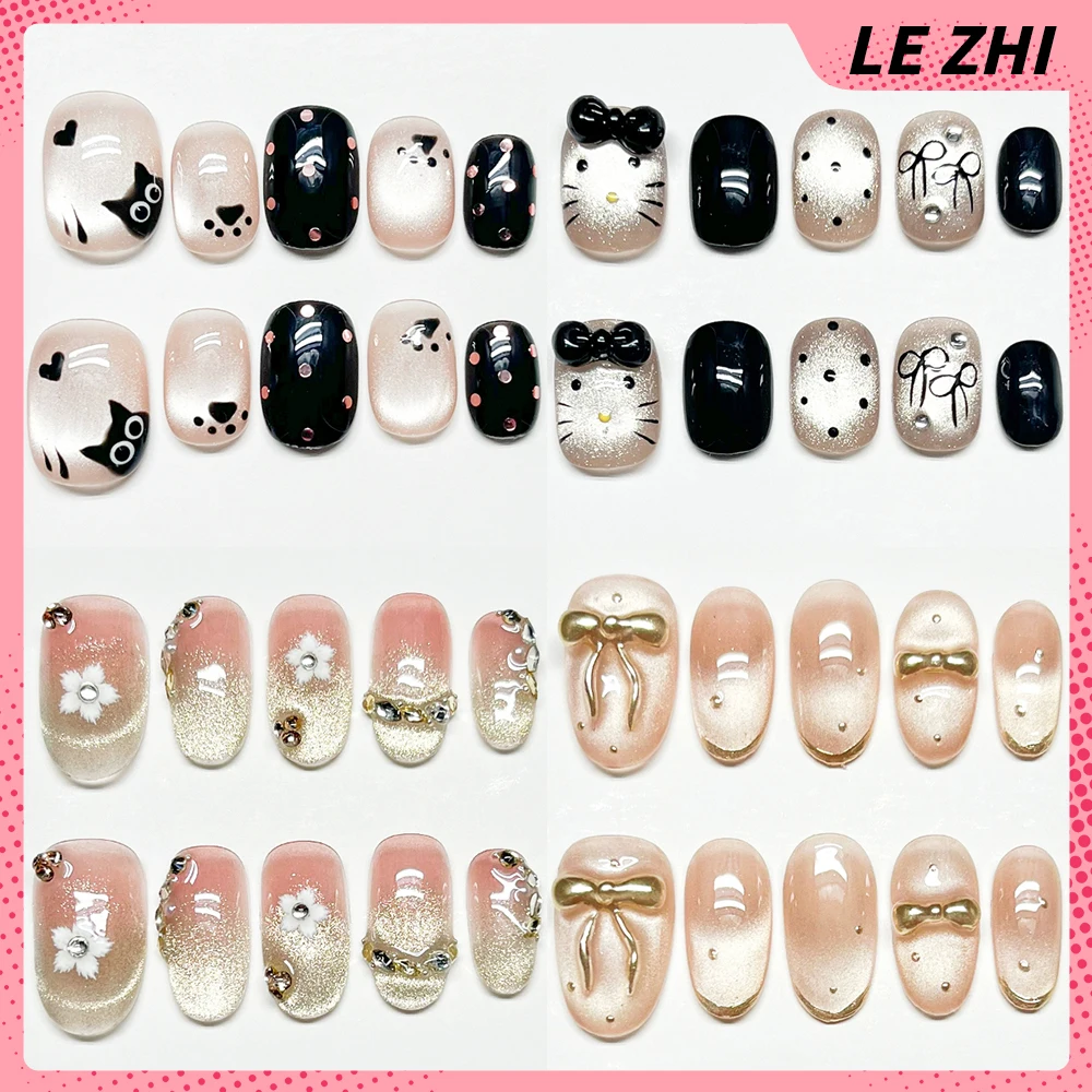 

Fashion Cute Cat Eyes Handmade Full Cover False Nail Flash Rhinestone Hello Kitty Butterfly Bowknot Wearable Nails Girl Gift
