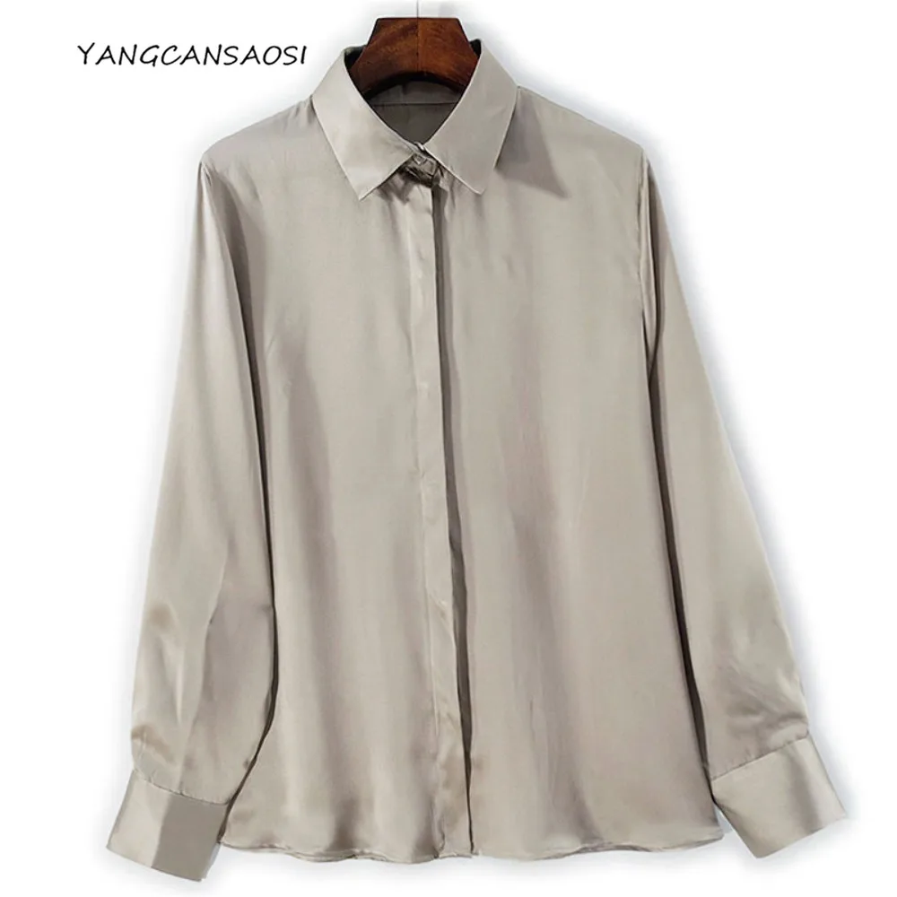 

2025 женская модная ранняя осень, новинка 19 мм, 90% натуральный шелк шелковицы, эластичная атласная рубашка с лацканами в стиле OL, пригородная рубашка с длинными рукавами