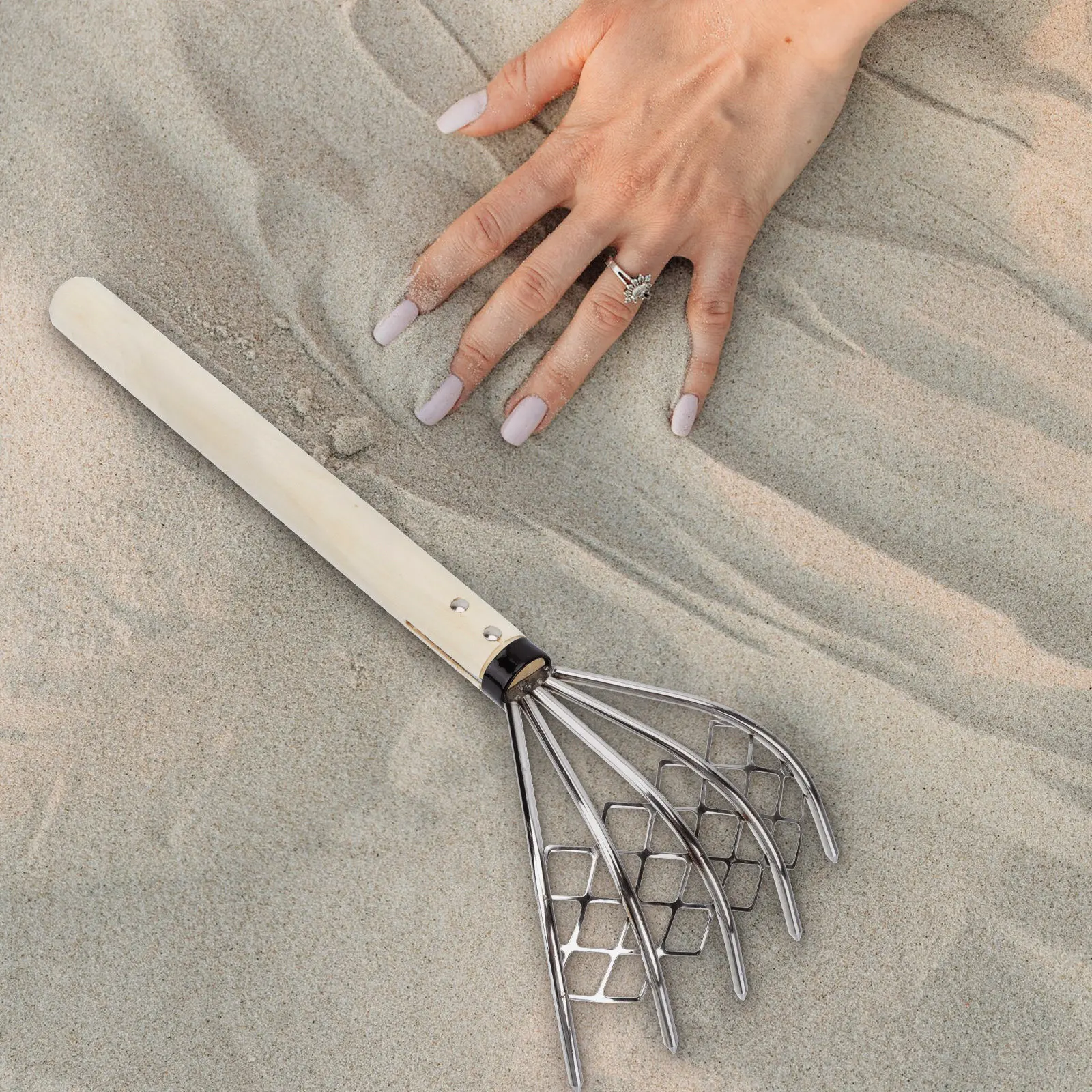 1Pcs Heavy Duty Stainless Steel Clam Rake 5 Claw Wood Handle Seafood Digging Soil Loosening Garden Spreading Tool