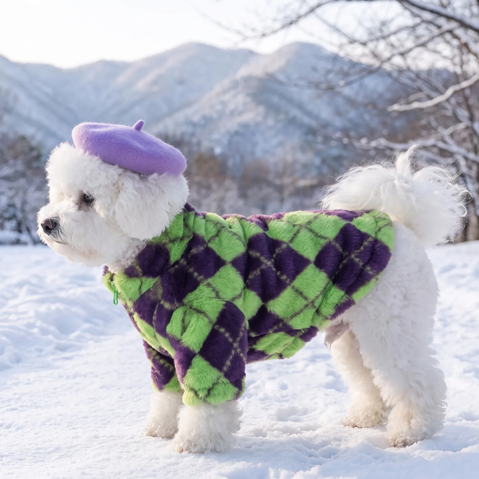 Dog Two Leg Coat, Retro Diamond Pattern Rabbit Plush Back Zipper Cardigan Coat, Soft and Thick Warm Pet Top