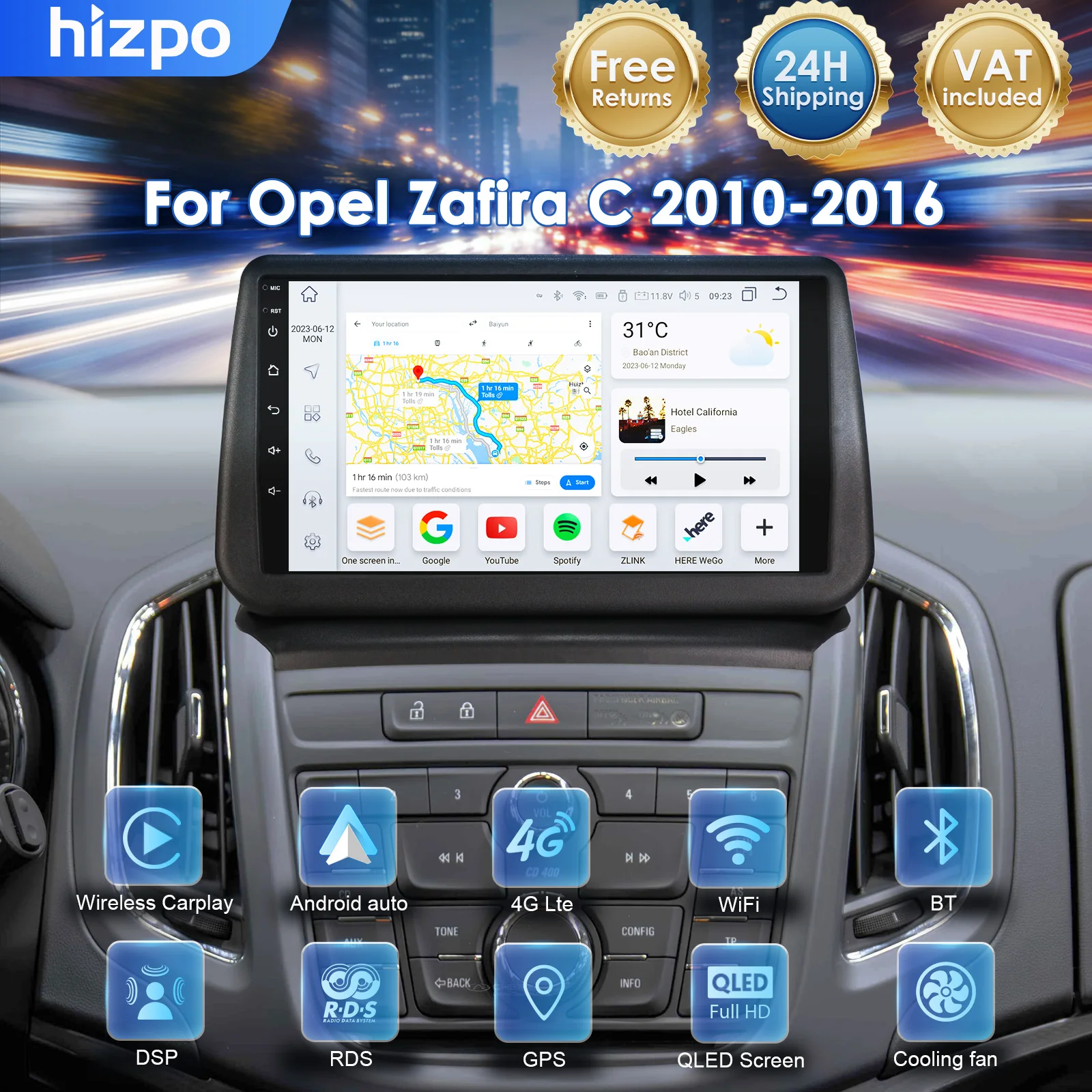 Hizpo 9'' Autoradio Intelligent pour Opel Zafira C 2010 - 2016 Écran Tactile Sans Fil CarPlay Android Auto DSP 4G