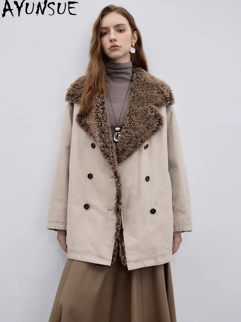 AYUNSUE Sheepskin Fur Integrated Large Lapel Collar Coat 90% White Goose Down Jacket Womens Loose Fit Clothes Куртка Женская