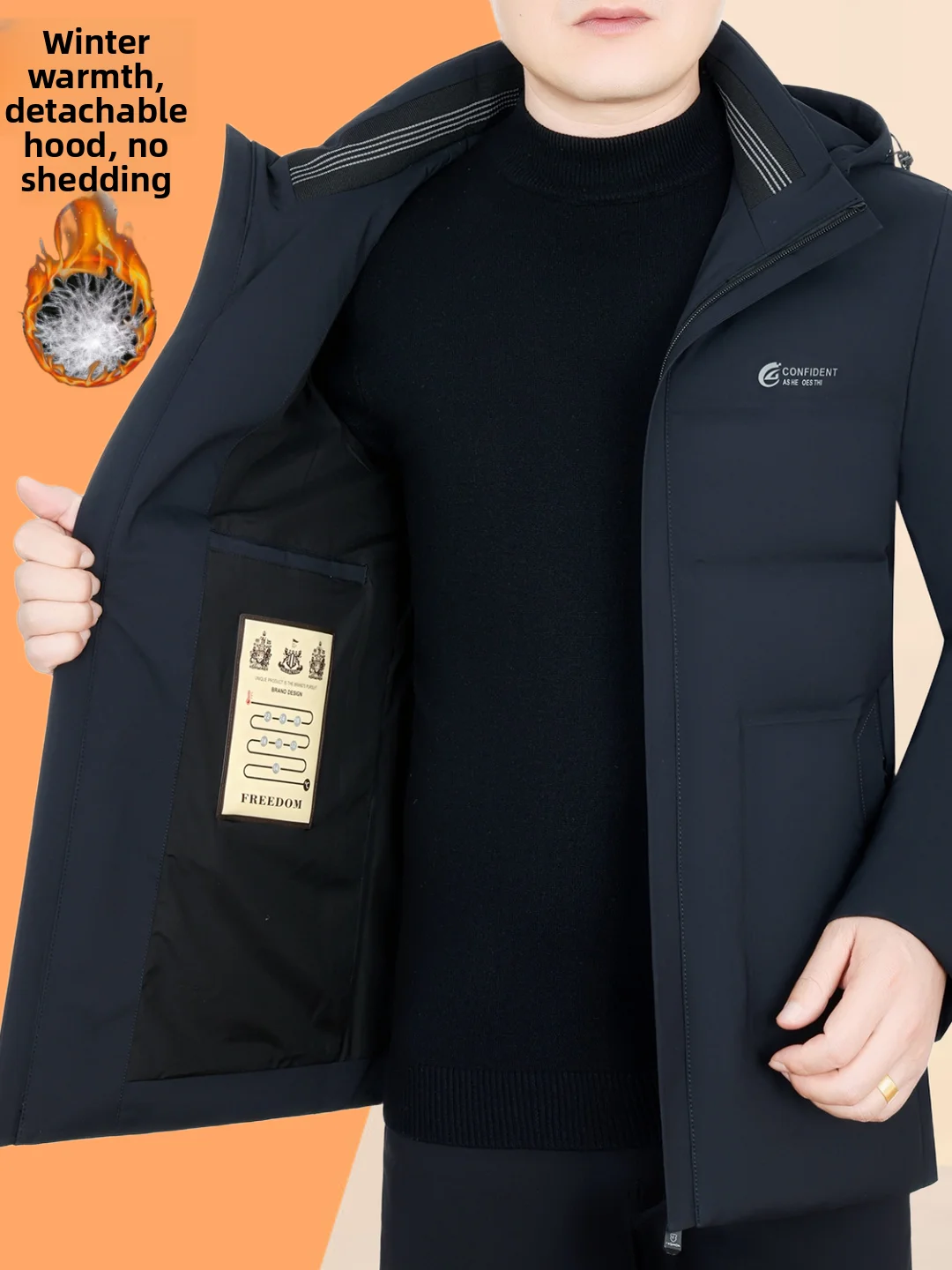 

TUCANO Men's down Jacket Thickened White Duck down Detachable Cap Business Style Windproof Warmth Outerwear Coat for Winter