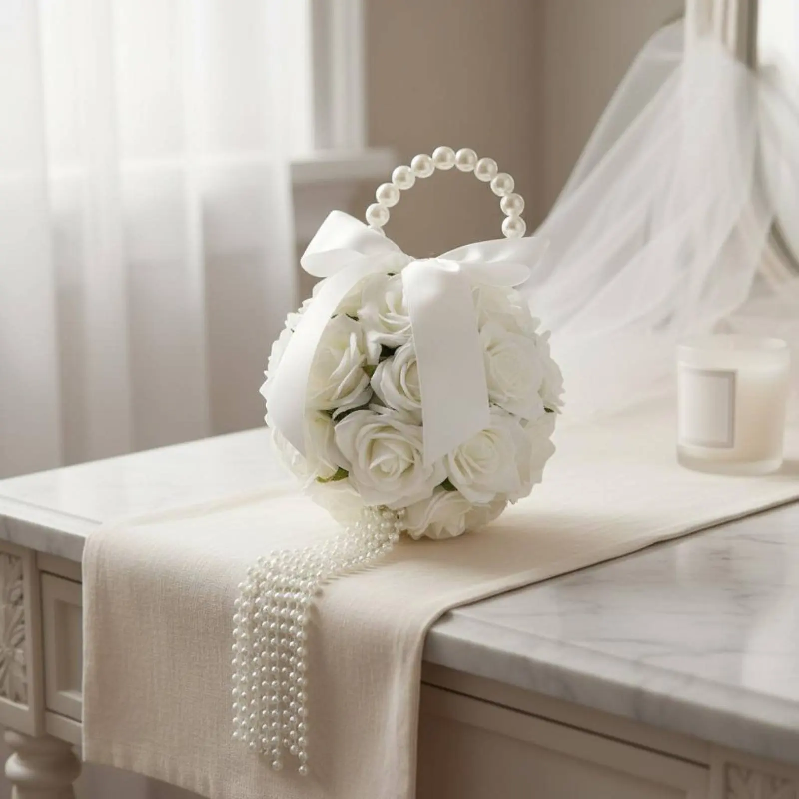 

Bridal Hand Floral Arrangement Romantic Pearl Blossom Floral Arrangement Wedding Flower Ball Lifelike Satin Bow for Church