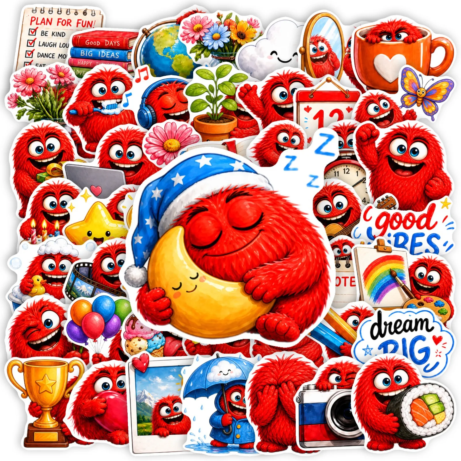 50 PCS Cute Red Little Monster Cartoon Fun Daily Stickers Decorate Helmet Scrapbook Hand Account Student Stationery Decals
