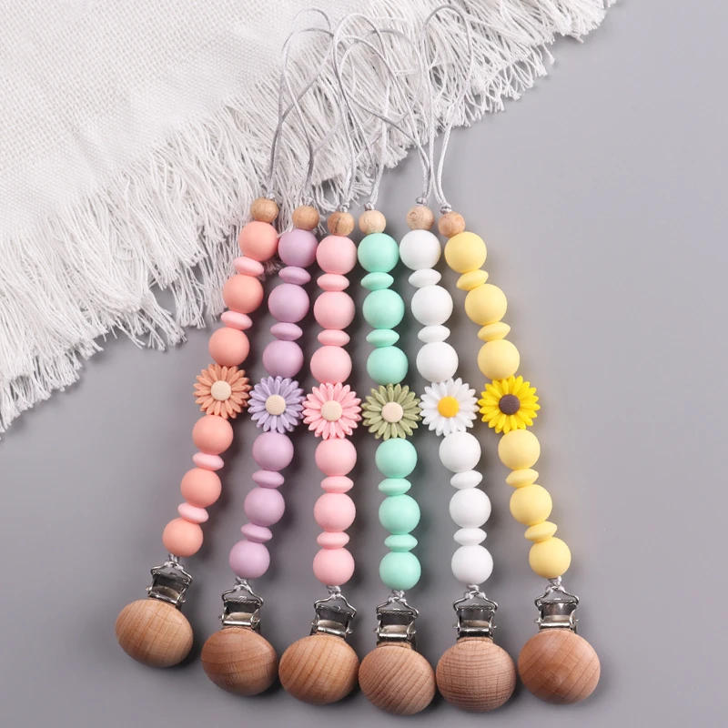 Handmade Beech Wood Baby Pacifier Clips Daisy Silicone Chew Beads Infant Nipple Clip Teether Teething Toy Baby Pacifier Chain