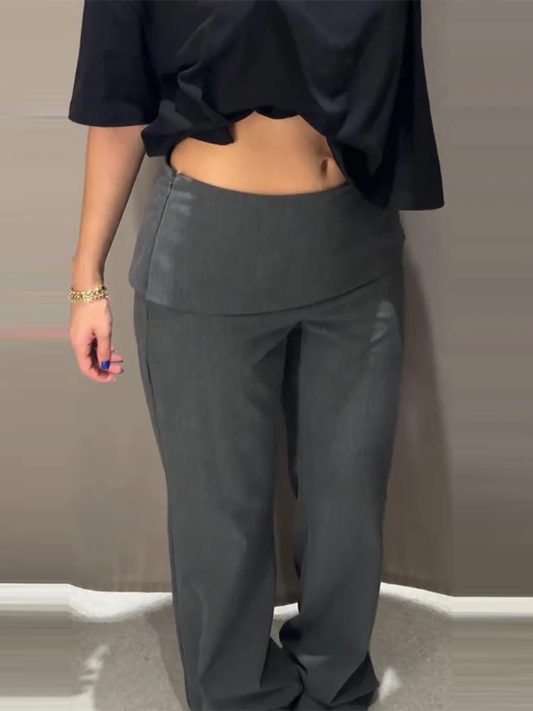 캐주얼 하이웨이스트 스트레이트 팬츠 여성용 솔리드 루즈 시크 하이웨이스트 지퍼 스트리트 바지 여성용 올매치 그레이 바텀 레이디