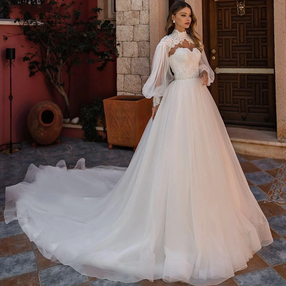 Vestido de novia de manga larga con cuello hasta el muslo para mujer, línea A, clásico, elegante, desmontable, apliques de tul, Perla