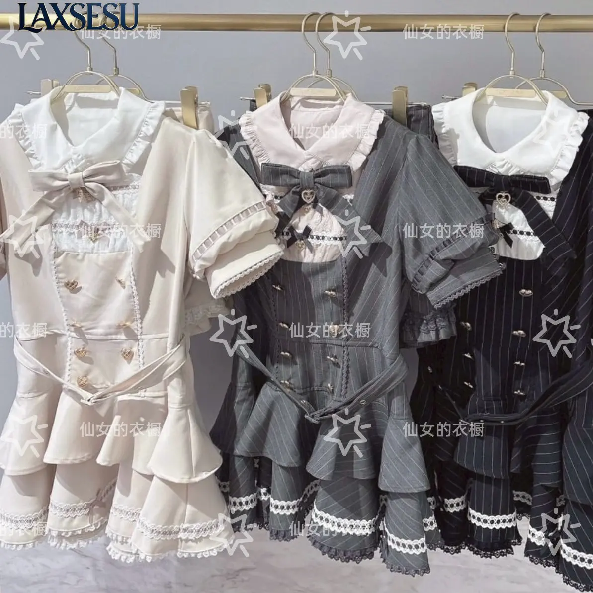 Japanese Summer New Lolita Sweet Girl Two-piece Set with Doll Collar Butterfly Belt Heart-shaped Buckle Striped Dress Sets