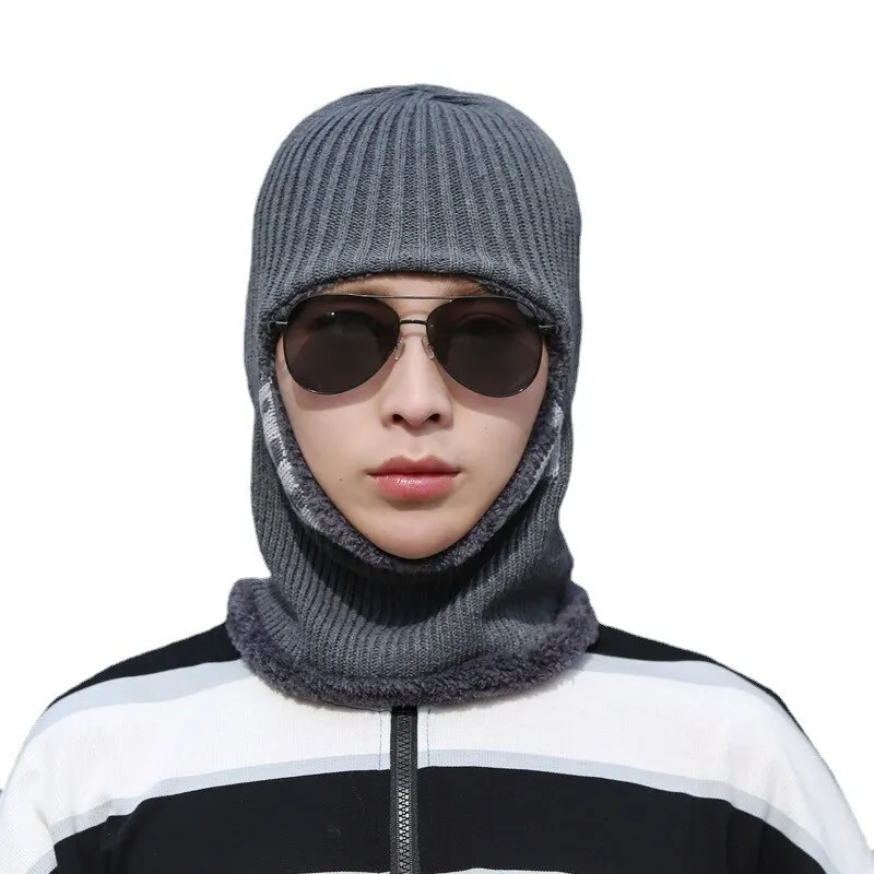 Men\'s Neck One-Piece Hat Winter Thickened Warm Woolen Integrated Hat Cycling Face Protection Cold Cotton Knit Hat