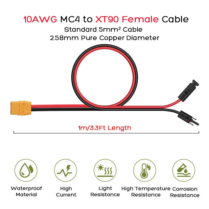 10AWG Solar to XT90 Adapter Cable for Bluetti AC200/AC200 Max AFERIY P110/210/280/310 SolarPlay FOSSiBOT Portable Power Stations