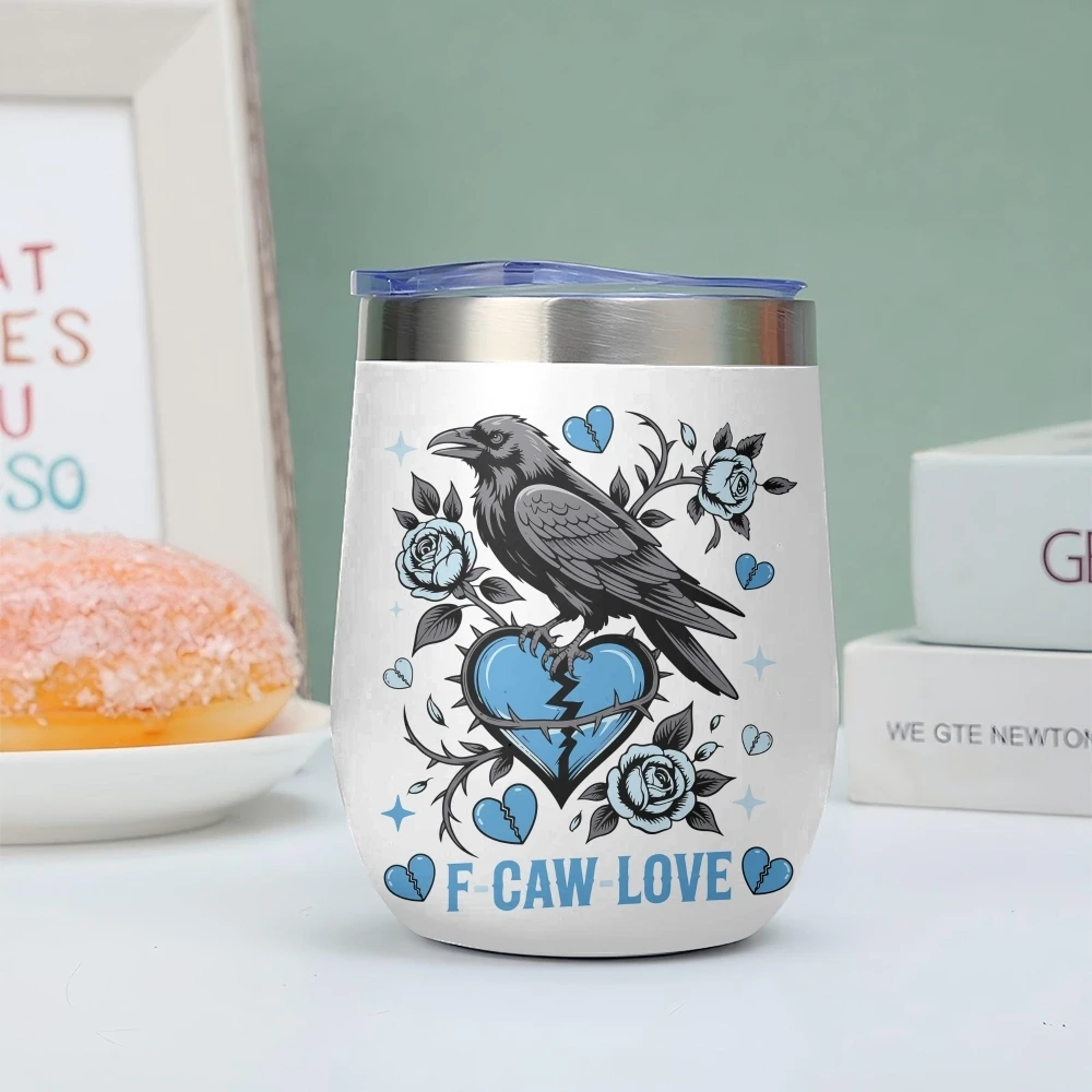 Raven And Floral Design Vacuum Flasks 12oz Insulated Wine Tumbler Vacuum Coffee Mug Egg Shape Thermos Cup