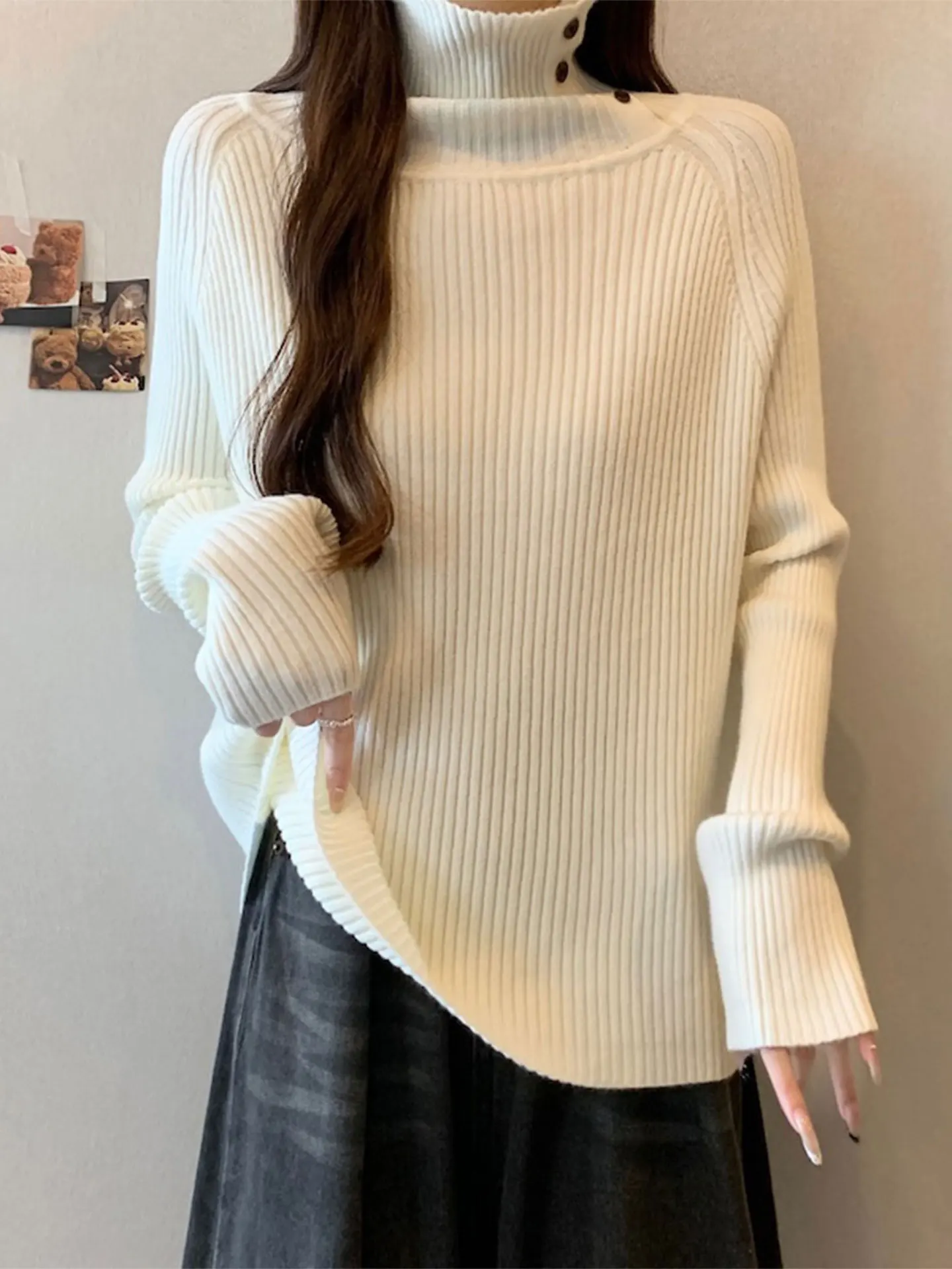 

Корейский длинный вязаный свитер с высоким воротником, женский свободный утягивающий свитер больших размеров, модный топ, повседневный, удобный крой