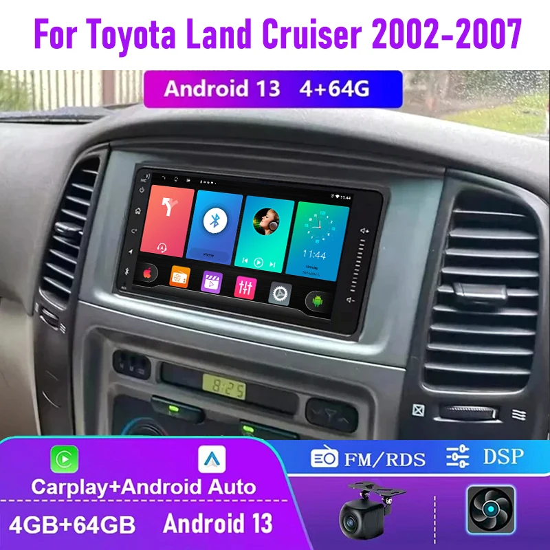 

7" 4+64GB For Toyota Land Cruiser LC 2002-2007 Car Radio Wireless Apple Carplay Android Auto Stereo Head Unit FM BT GPS