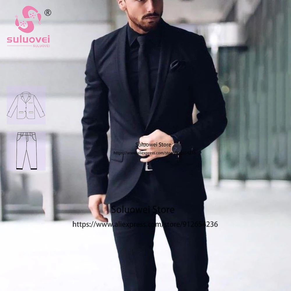 Smoking de lapela slim fit masculino, ternos de casamento do noivo, blazer de negócios, calça azul marinho escuro, festa, moda do noivo, 2 peças