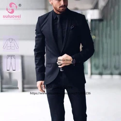 Fashion Dark Navy Blue Slim Fit Suits For Men 2 Piece Pants Set Party Groom Wedding Shawl Lapel Tuxedo Business Blazer Masculino