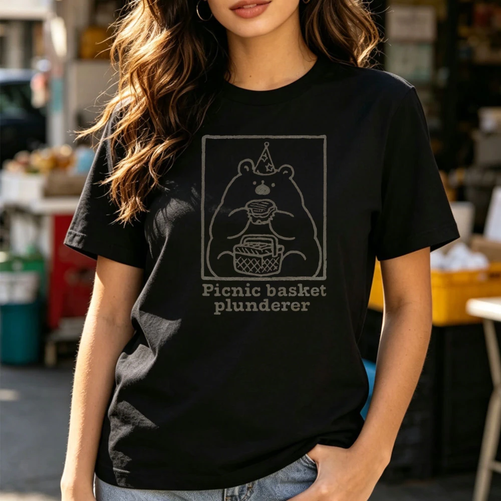 Picnic Basket Plunderer Cute Bear Graphic T-Shirt Funny Picnic Outdoor Graphic TShirt Vintage Line Art Printed Shirt Women Tops