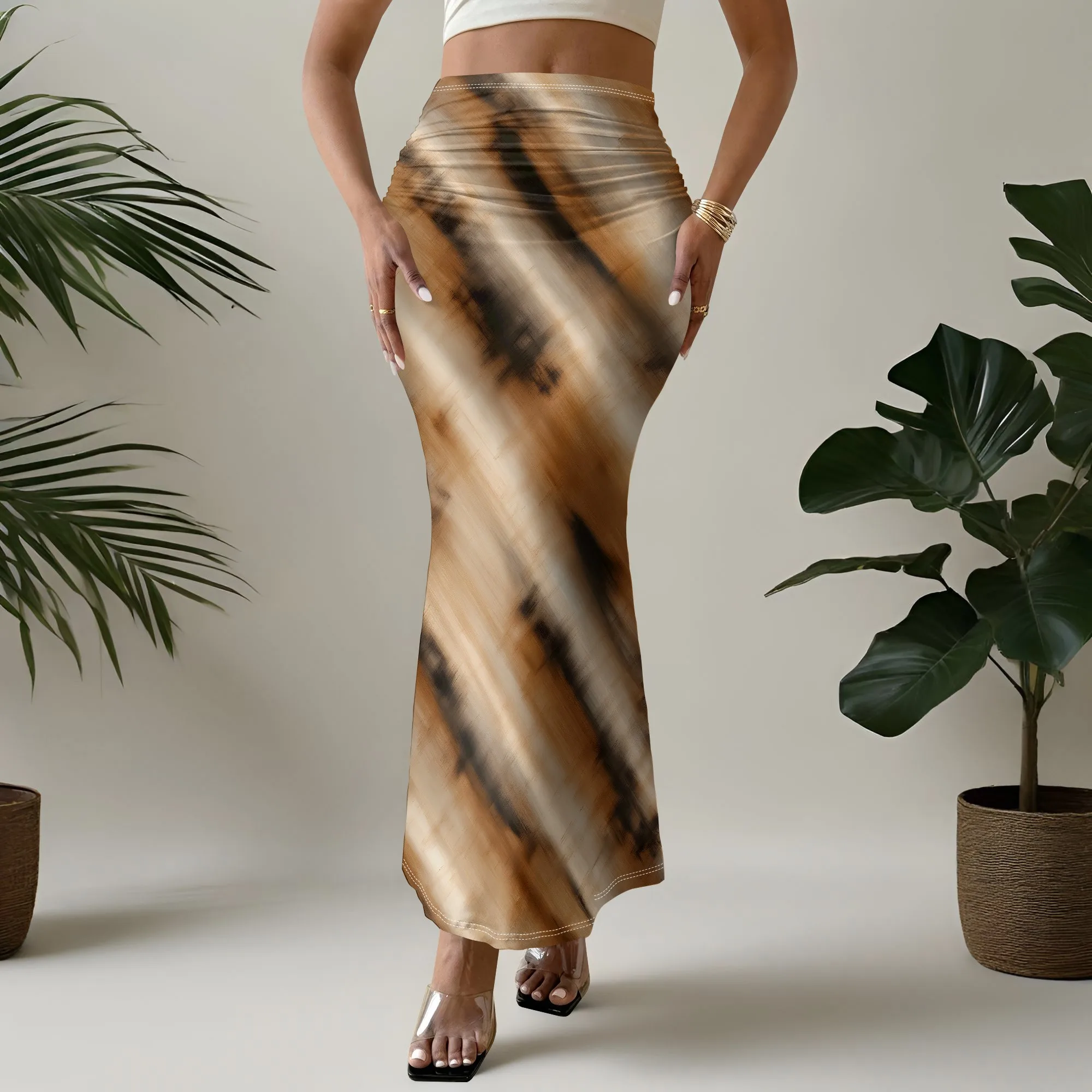 Tie Dye Print Mermaid Skirt, Brown Black Gradient Midi Skirt, High Waist Bodycon Skirt for Women, Casual Party Wear, S-2XL