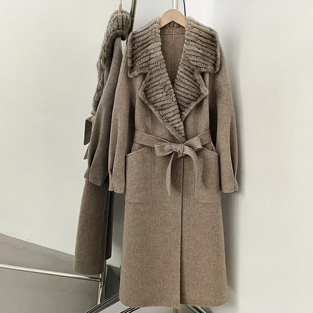 Women's Coat with Wool Minimalist Old Money Style Wool Coat Heavyweight Jacket Waist Belt Fur Outerwear for Commuting Style