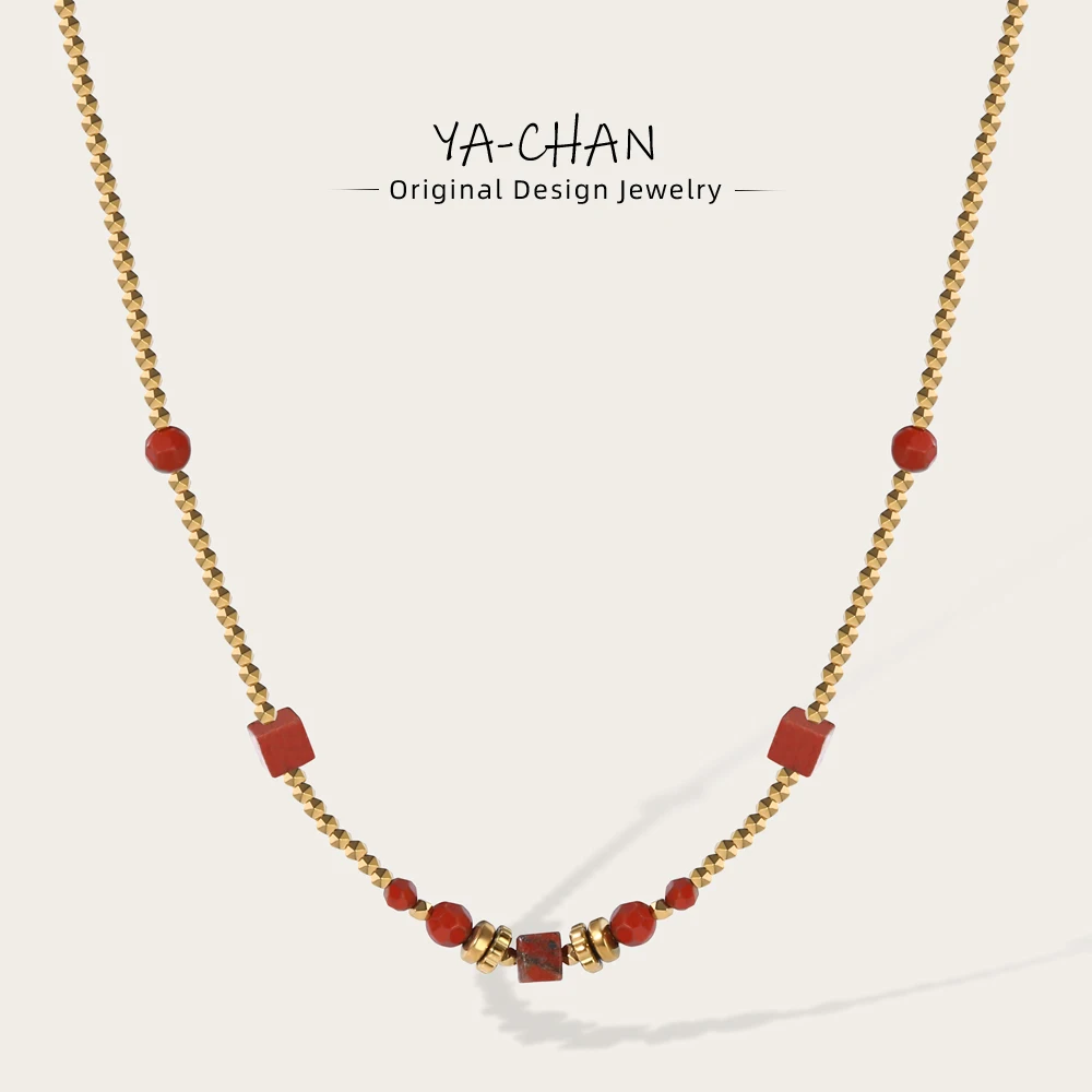 YACHAN Gold Beaded Stainless Steel Necklace for Women 18K Gold Plated Red Acrylic Beads Necklaces Trendy Jewelry Gift