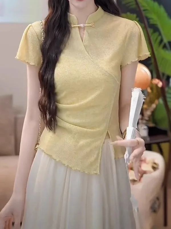 

plus Size Traditional Chinese Sle T-irt Button oulder ort Sve Slimming Summer Top Korean Commute Sle Creative Pa...