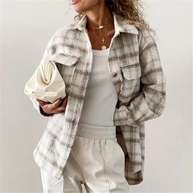 

Women Fashion Elegant Girls Chic Pocket Tops Outerwear 2024 Oversize Tweed Plaid Jackets Autumn Ladies Soft Coats Streetwear Pop