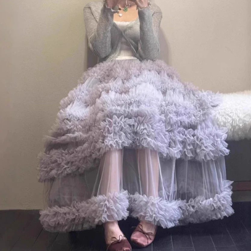 Fairy Aesthetic Tiered Tulle Skirt Korean Simple Style Layered Cake Midi Skirt