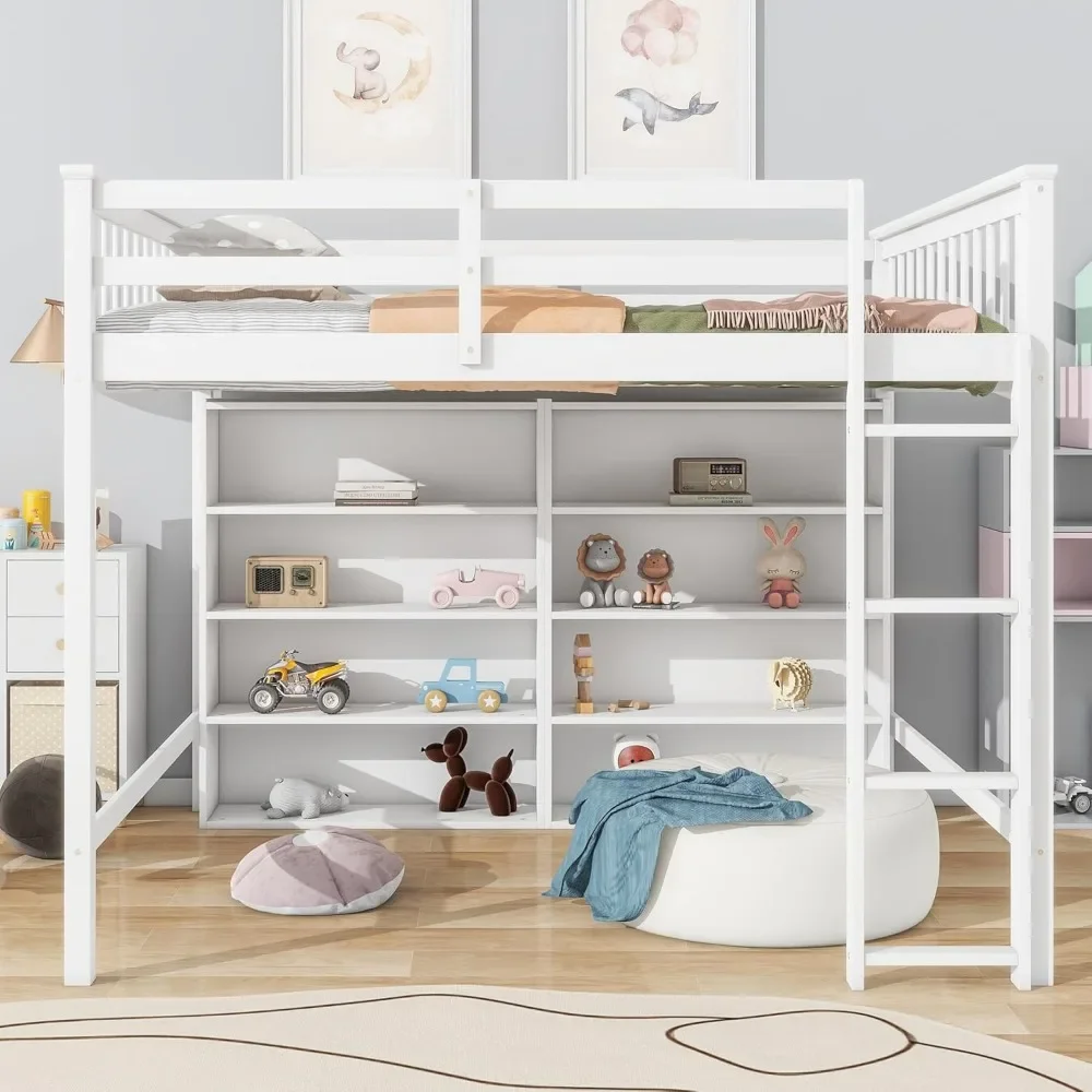 Solid Wood Loft Bed with Open Storage Shelves, Multi-Functional Lofts Beds Frame with Ladder, Full Size Loft Bed with Storage