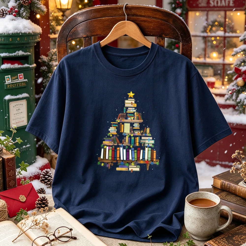 Book Christmas Tree Graphic Tee Stacked Books Tree Star Print Book Lover Reading Teacher Xmas Casual T-shirt Holiday Season Tops