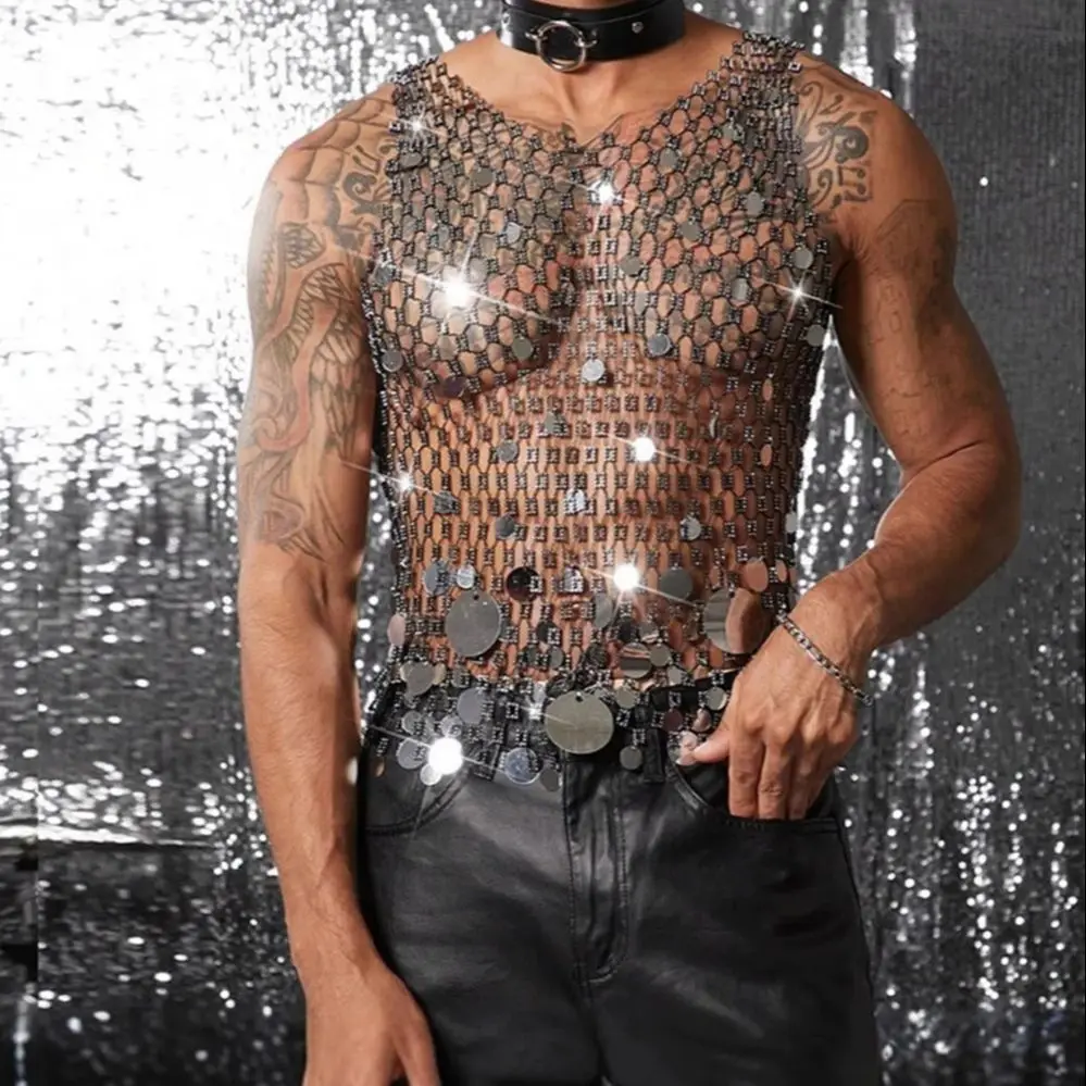 

Shiny Rhinestones Hollow Bare Body Vest Nightclub Sexy No Sve Top Open Chest Clothes Dancing Clubwear Crop top Rave Accessories