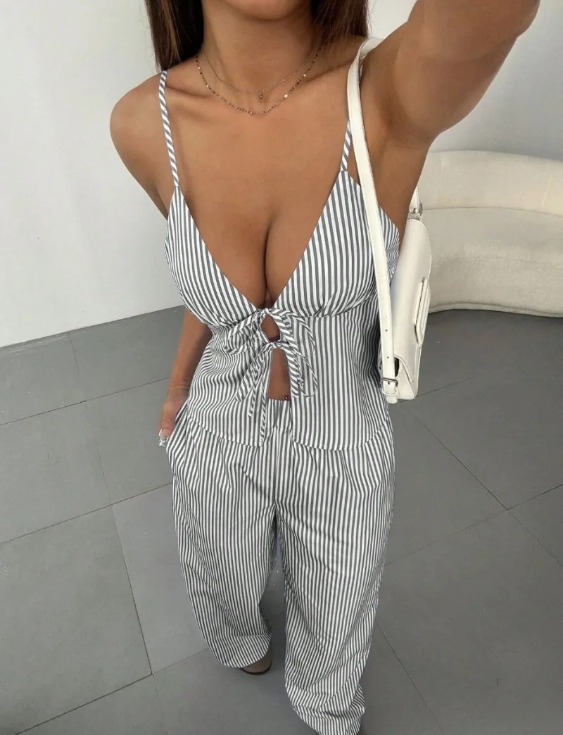 Damen Sommer Gestreiftes Zweiteiler-Set Ärmelloses Top Hochgeschnittene Weite Hose Elegantes Urlaubsoutfit Passender Trainingsanzug – Detail 12
